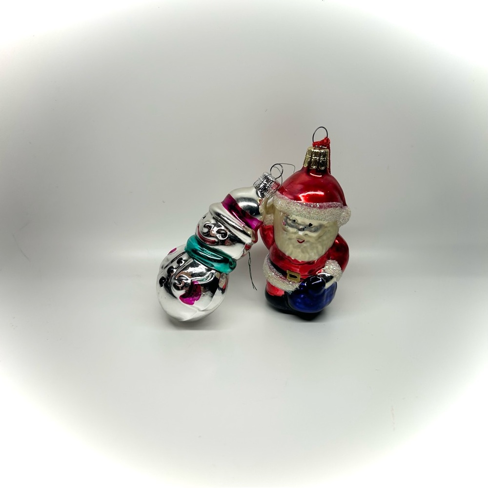 Vintage Czech Rebublic Mercury Glass Snowman & Santa Claus Ornament Handpainted